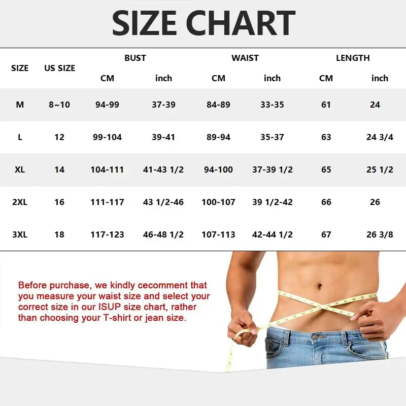 Mens slimming body shaper vest with tummy control; size chart and waist-measuring image with a man and a tape measure.