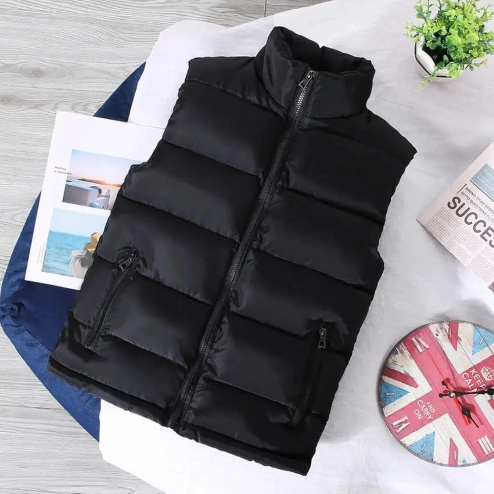 Men's black sleeveless puffer vest with stand collar, front zip and two zip pockets.