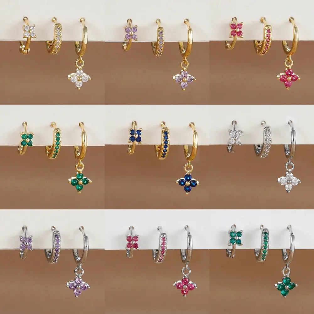 3Pcs Trendy Stainless Steel Flower Drop Earrings Set For Women Crystal Zirconia Dangle Hypoallergenic Piercing Jewelry
