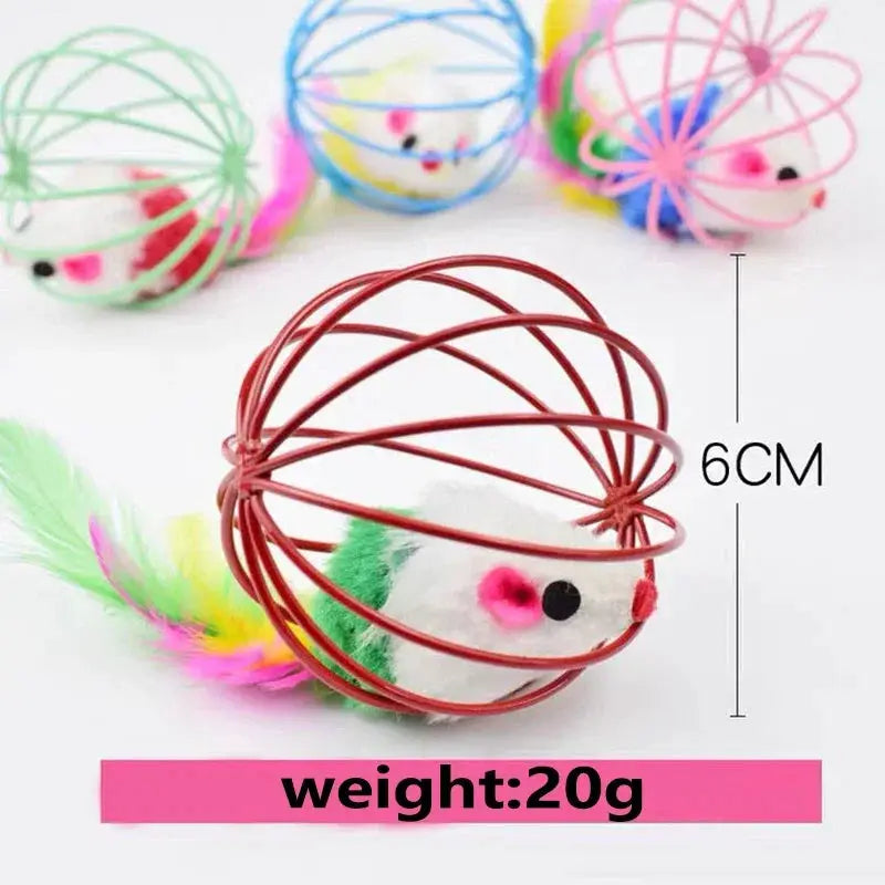 Simples Market 4-pack colorful mouse-in-cage cat toys; red wire ball with white mouse and feather tail, 6 cm, 20 g each