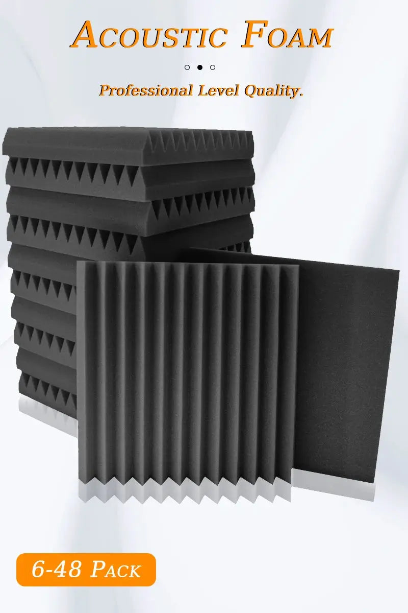 TOUO acoustic foam panels, black wedge-pattern design, 6-48 pack for studio soundproofing