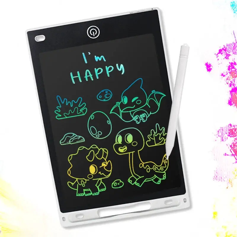 8.5-inch LCD writing tablet with white frame and stylus, featuring neon-colored doodles.