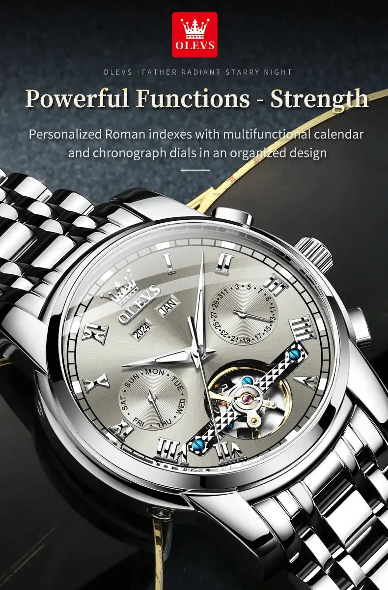 OLEVS 6607 skeleton automatic men's wristwatch in silver-tone stainless steel with dual calendar