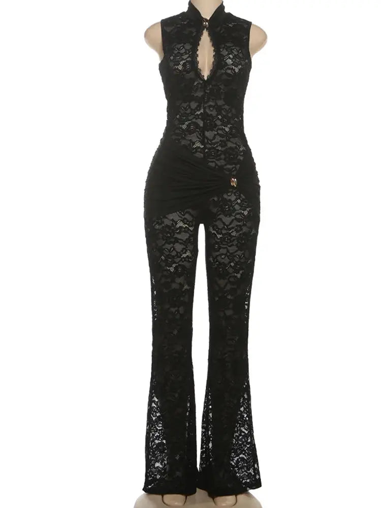 Simples Market Nibber streetwear lace jumpsuit, black lace, ruched waist knot, wide-leg
