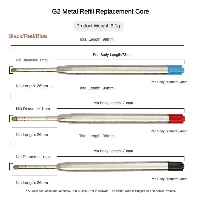 Simples Market G2 metal ballpoint pen refills set in blue, red and black, Parker-compatible, 99mm total length