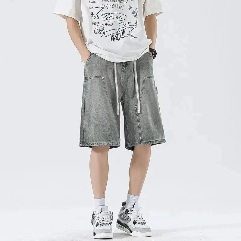 Simples Market men's denim shorts, loose cargo-moto style in grey wash with drawstring waist