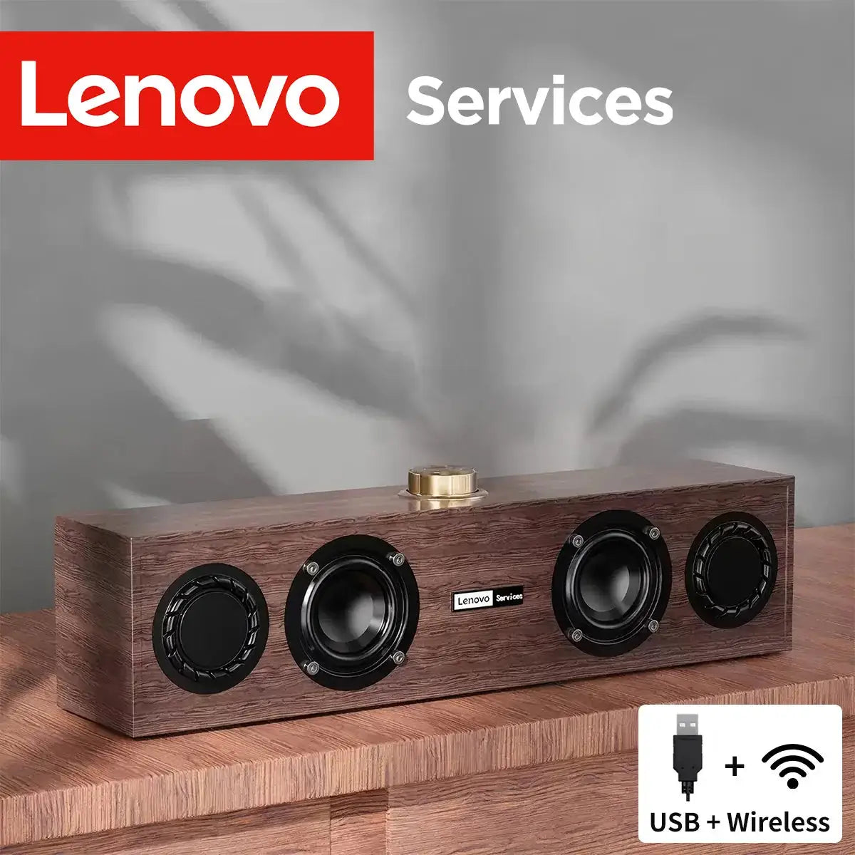 Lenovo C02 wooden speaker system with four drivers and a gold top knob; USB + wireless