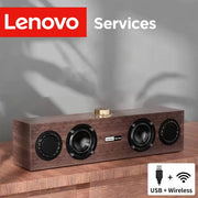 Lenovo C02 wooden speaker system with four drivers and a gold top knob; USB + wireless
