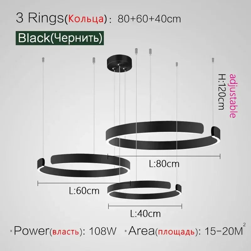 Nordic Ring LED Pendant Lamps by Simples Market; 3 black rings (80/60/40 cm), dimmable hanging light