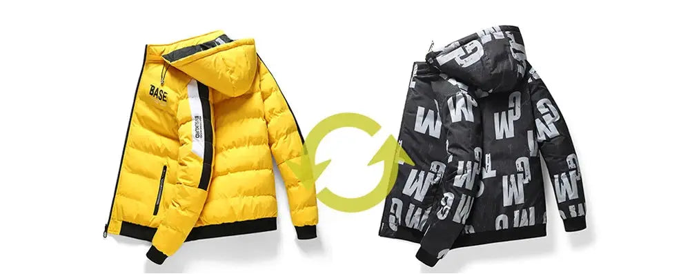 Two DIMUSI men's padded winter jackets: yellow quilted down jacket and black hooded print windbreaker