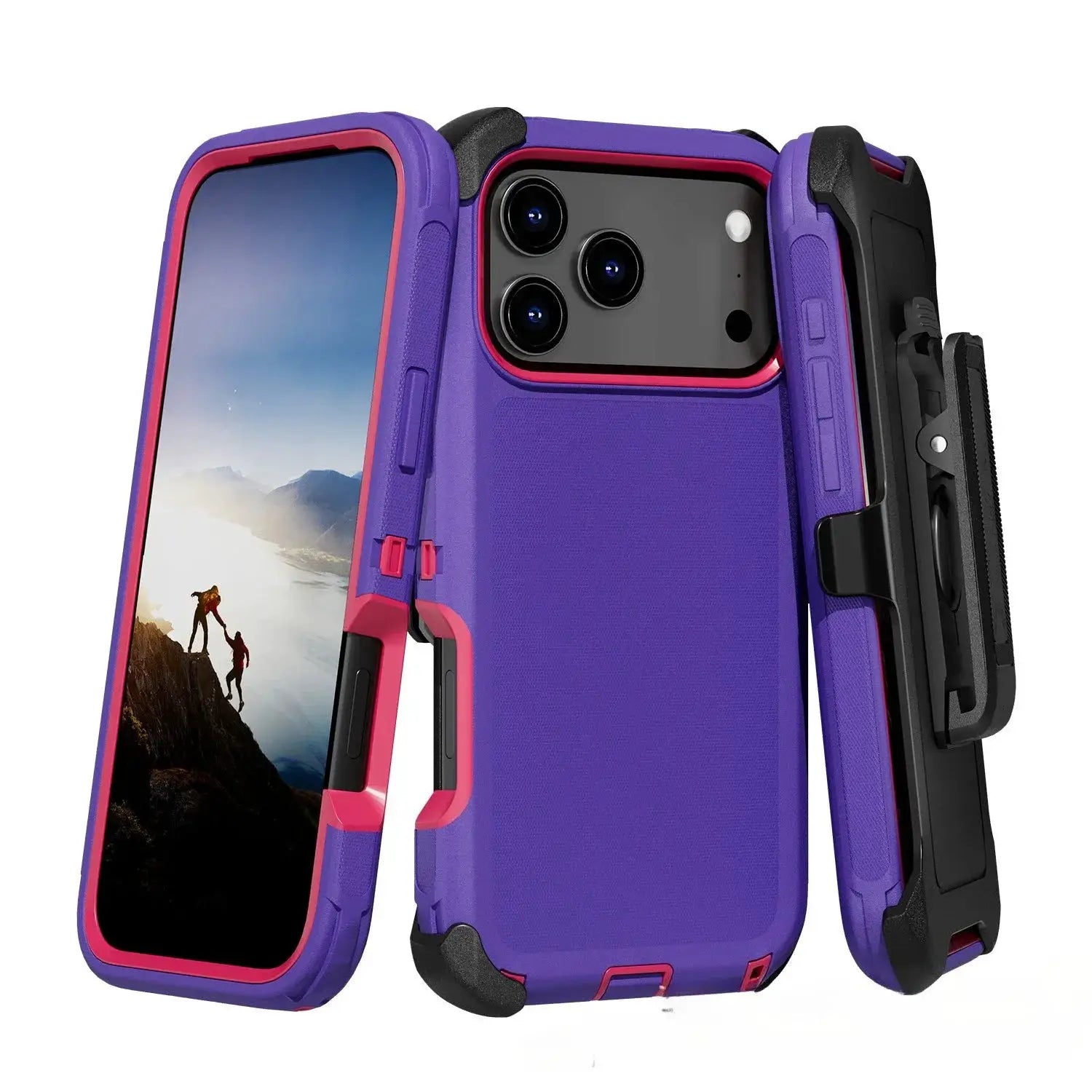 Rugged shockproof case with belt clip for iPhone 17/16/15/14 Pro Max, two-tone purple and pink