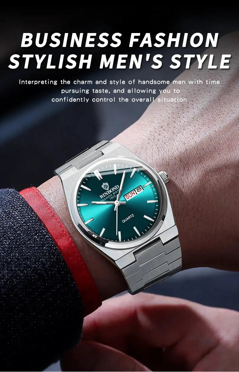 BINBOND men's stainless steel quartz watch with teal dial and day-date display