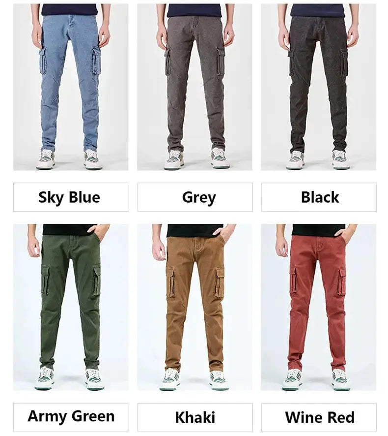 Simples Market men's street-style elastic-waist denim cargo pants with multiple pockets in six colors.