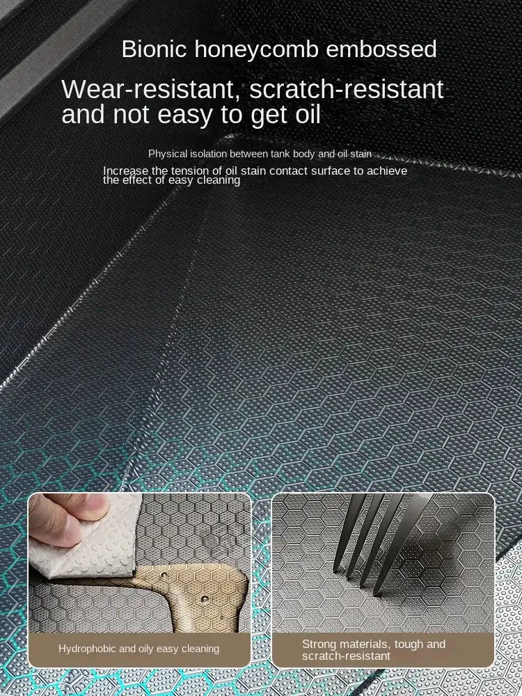 Kitchen sink with honeycomb-embossed stainless steel surface; insets show hydrophobic cleaning and scratch resistance.