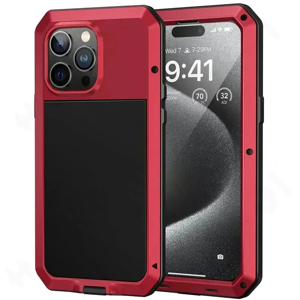 Simples Market red aluminum rugged tank case for iPhone 8–16 Pro Max and X/XR with back card slot and screen film