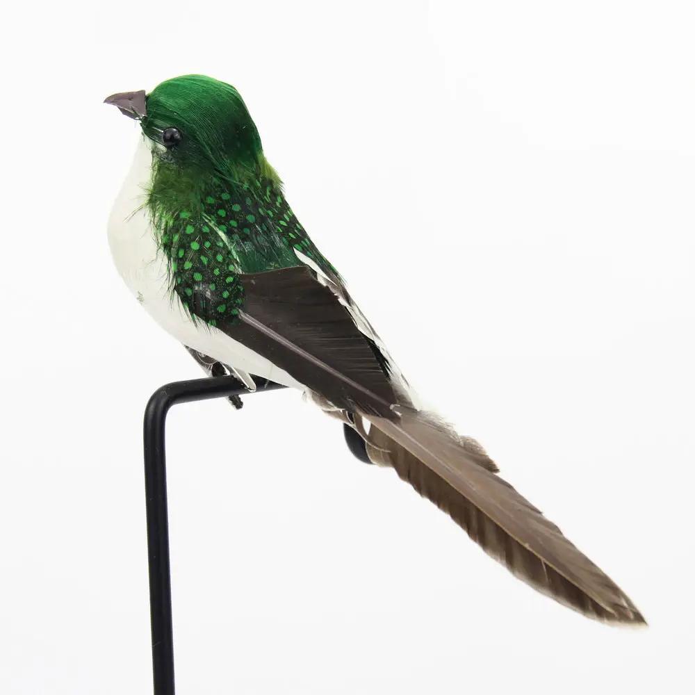 Simples Market 1pc artificial feather bird garden decoration, green head, white belly, long brown tail on black stand