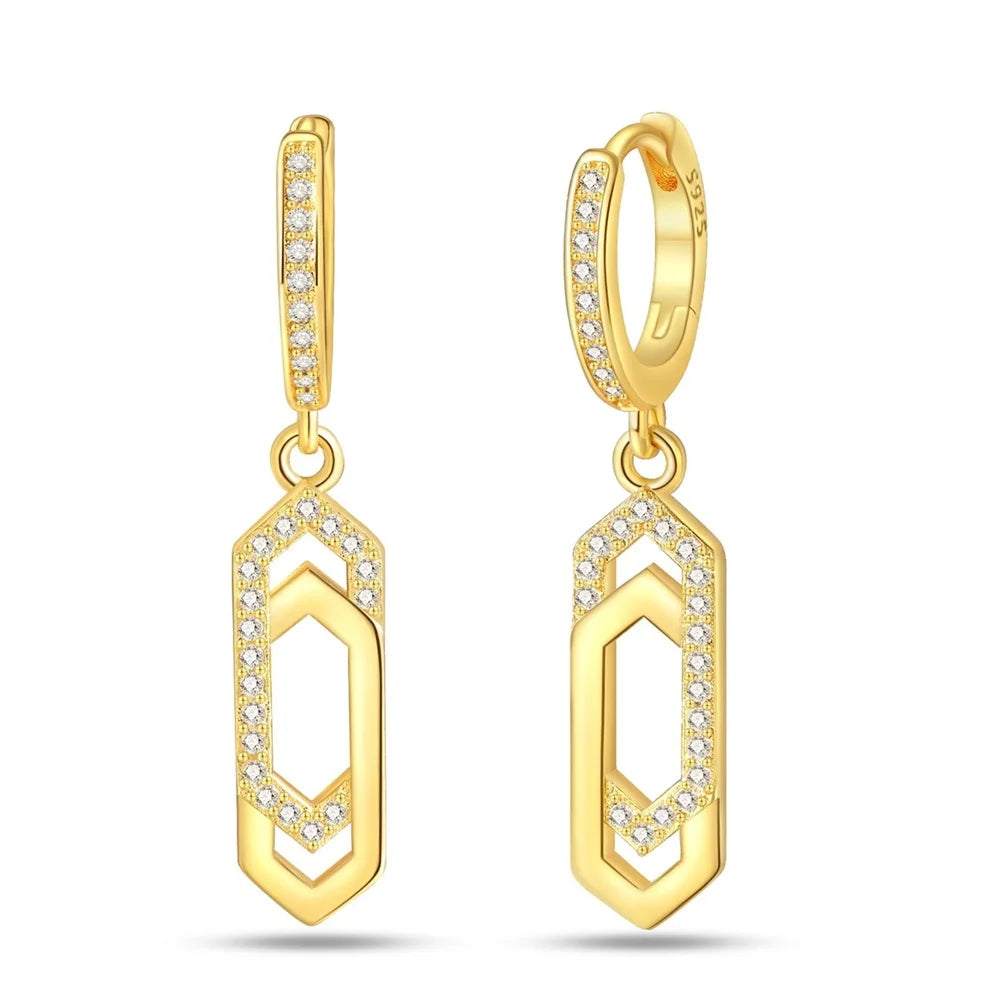 Gold-tone drop earrings with crystal-studded geometric pendants, a pair.