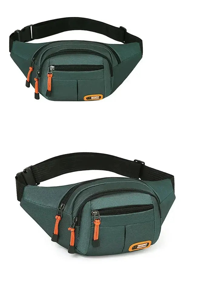 Simples Market Oxford waterproof waist bag in green with orange zipper pulls and large-capacity compartments