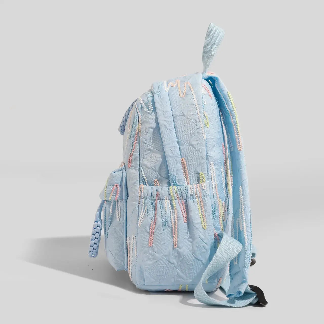 Women's mini backpack by Simples Market, light blue quilted fabric with pastel embroidery and zip closure