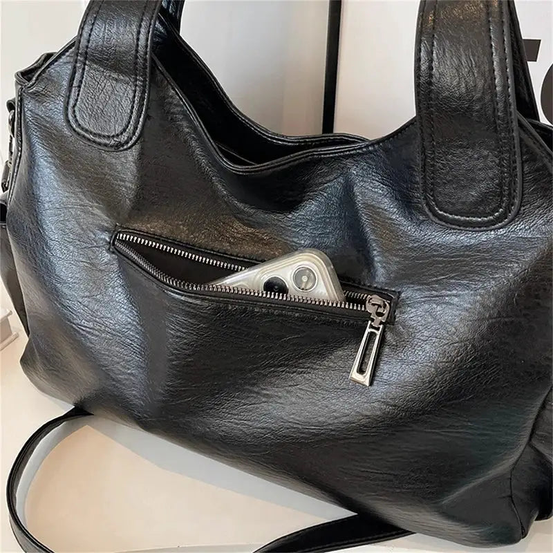 Simples Market black PU leather shoulder bag with front zip pocket and dual top handles