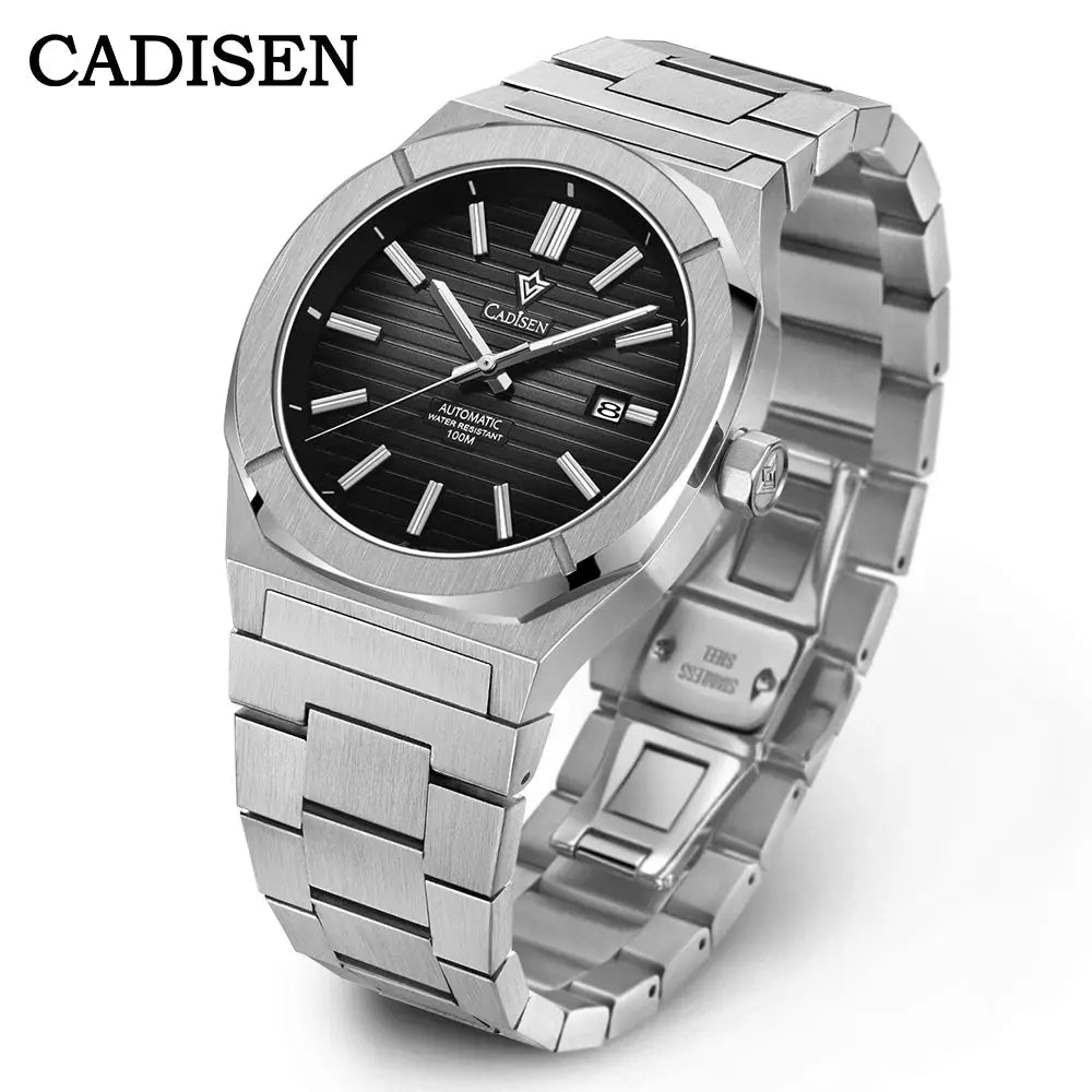 CADISEN diver watch with black dial, stainless steel bracelet, date window, automatic movement