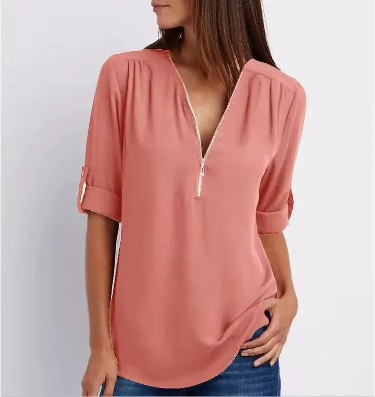 Women's pink chiffon blouse with deep V-neck zipper, loose fit, rolled sleeves