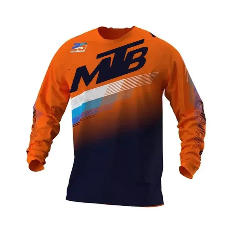 Motocross MTB cycling jersey with orange-to-navy gradient, large MTB logo, long-sleeve unisex design for riders.