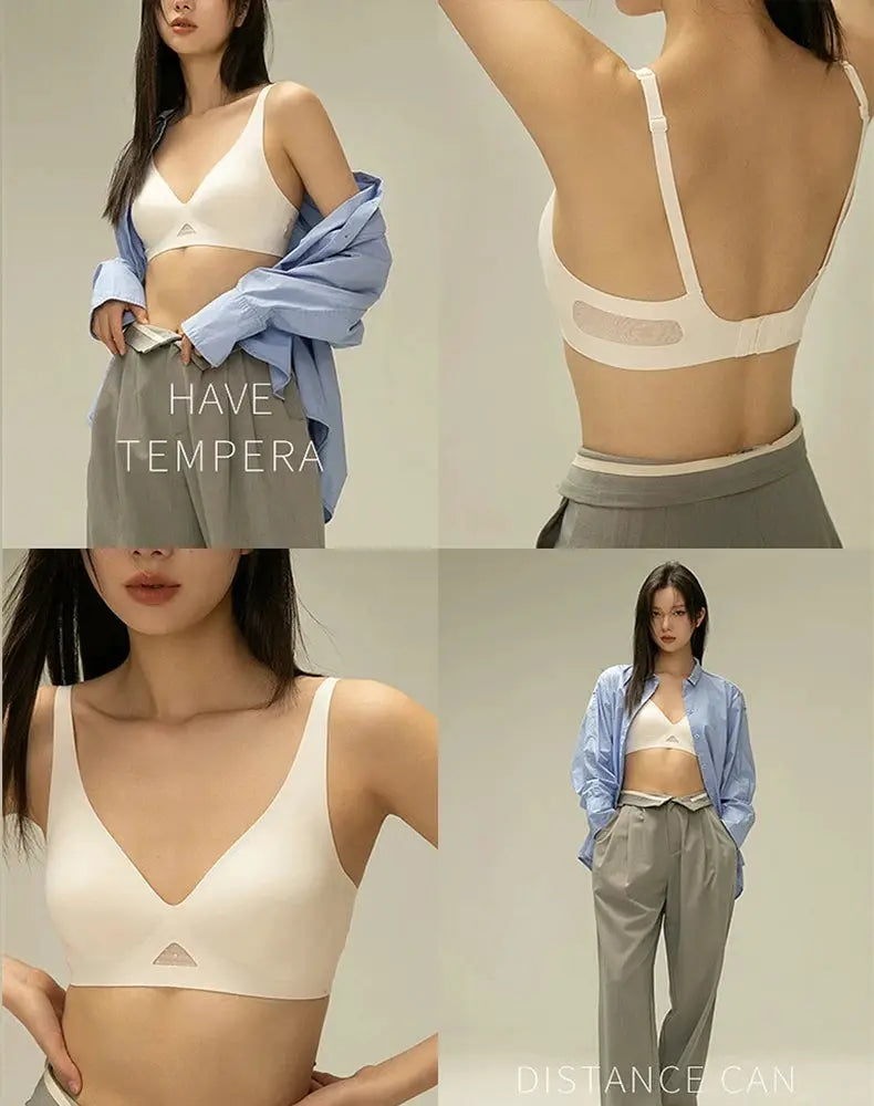Simples Market white wire-free seamless bralette; collage shows front and back views with blue shirt and gray pants.