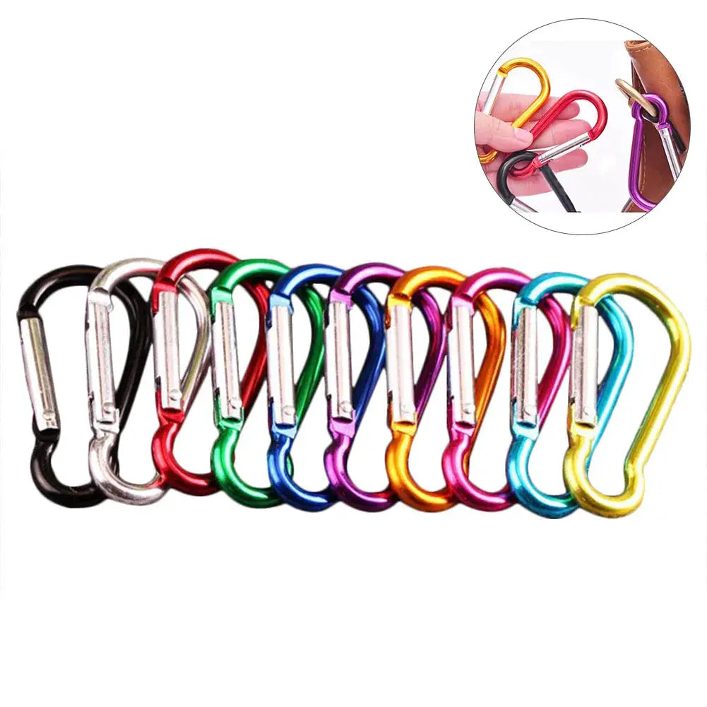 Colorful aluminum carabiner set with 360-degree swivel; 12-pack for outdoor use.