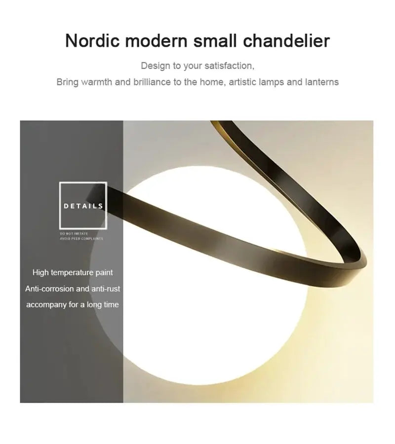 Nordic LED pendant light by Simples Market; black circular ring design with glowing white orb