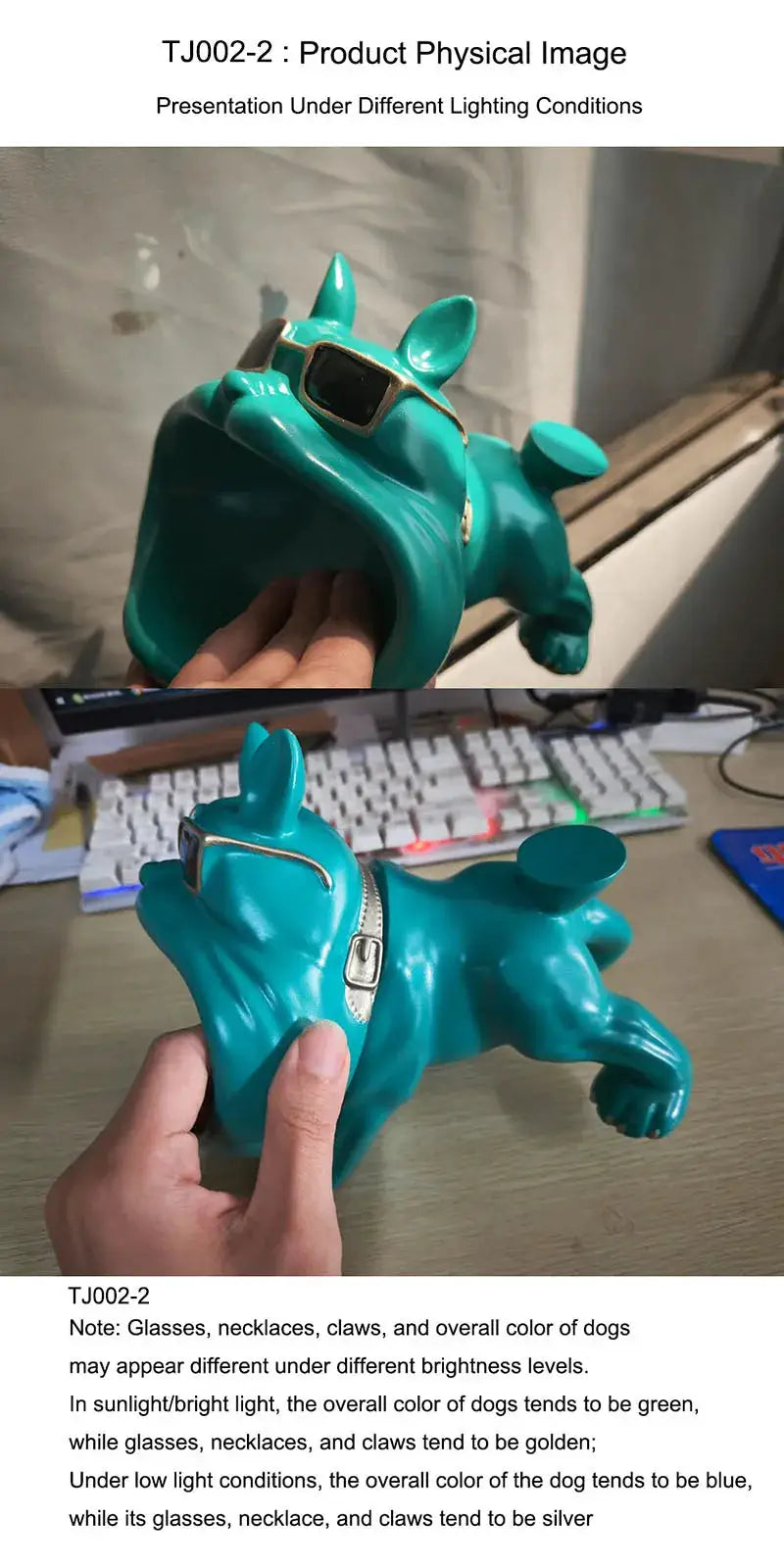 Resin bulldog statue with storage tray in turquoise for home decor