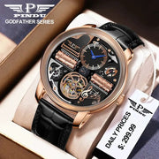 PINDU Godfather Series skeleton watch with rose gold stainless steel case, sapphire glass, and black leather strap