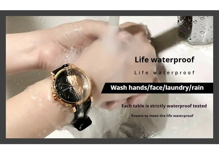 Gold-tone quartz men's wristwatch with black dial; waterproof