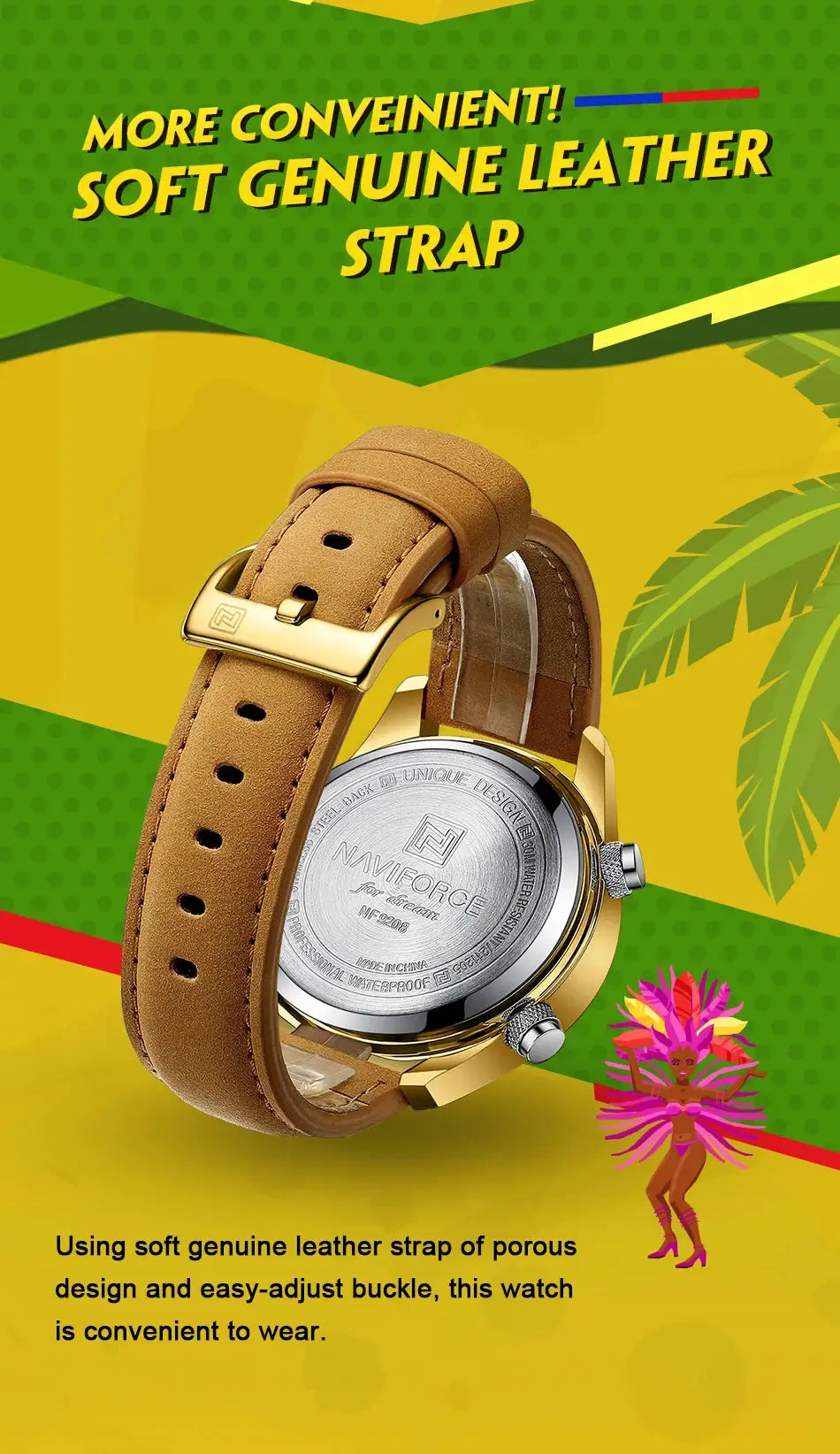 NAVIFORCE men's watch with brown leather strap and gold-tone case, stainless steel back