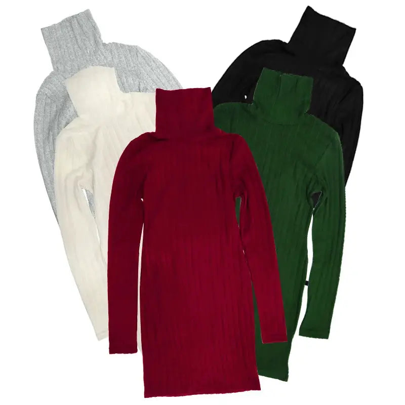 Autumn Winter Women Turtleneck Solid Knitted Bodycon Mini Dress Party