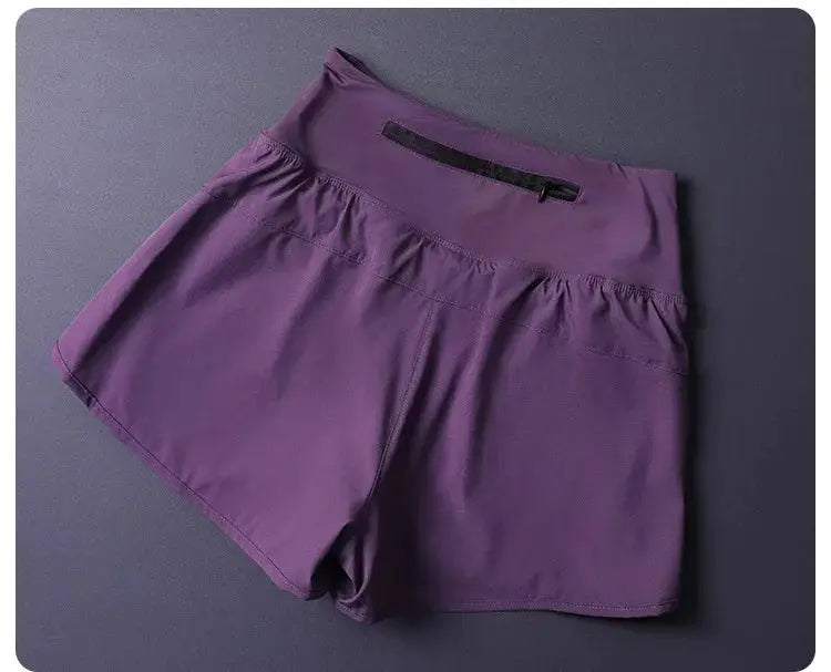 Women's purple 2-in-1 shorts with pockets, lightweight breathable loose fit for yoga and running