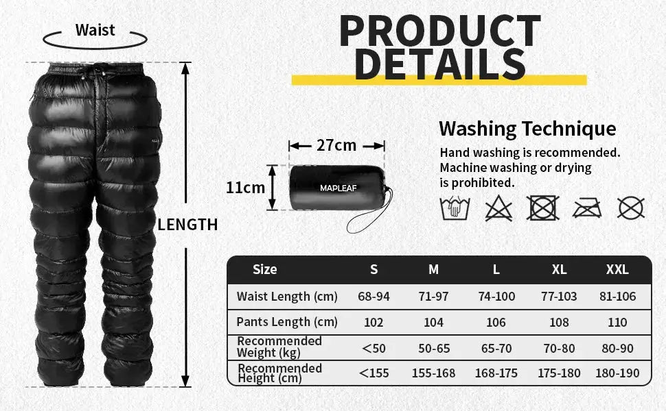 MAPLEAF ultralight down hiking pants, Simples Market, black, windproof and waterproof, packable.