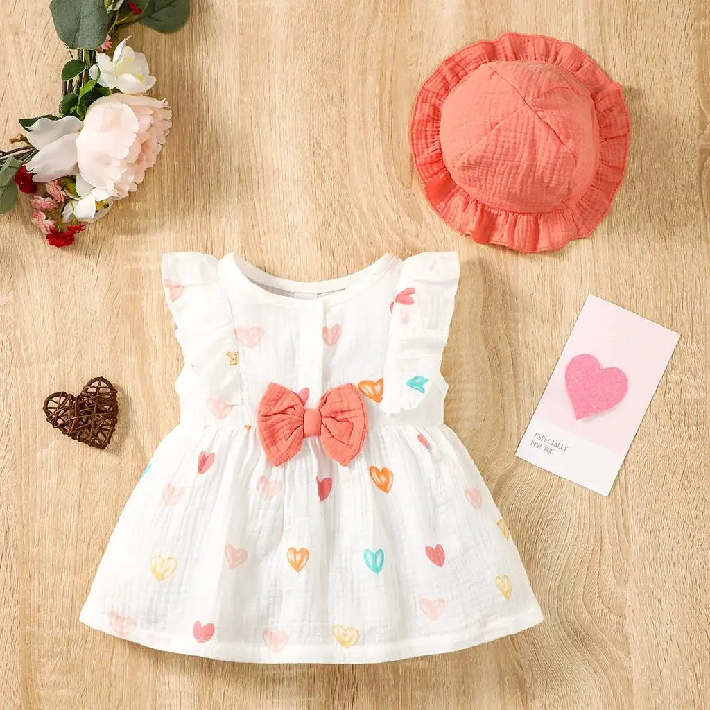 Two Piece Dress Set For Newborn Baby Girl With Love Print Sleeveless Dress And Hat Summer Fashion 0 To 9 Months