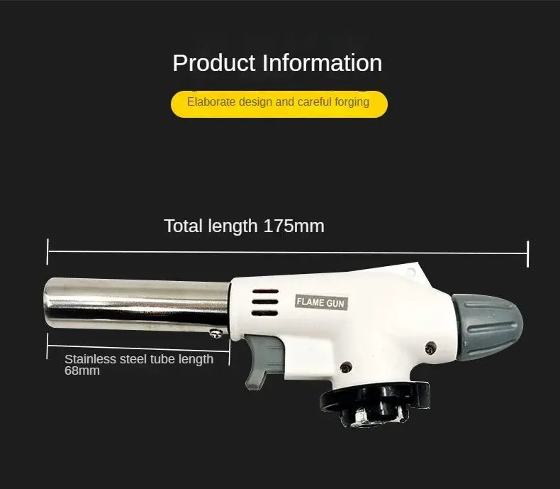 Flame gun torch burner; white plastic body, gray grip, stainless steel nozzle, 175mm overall length