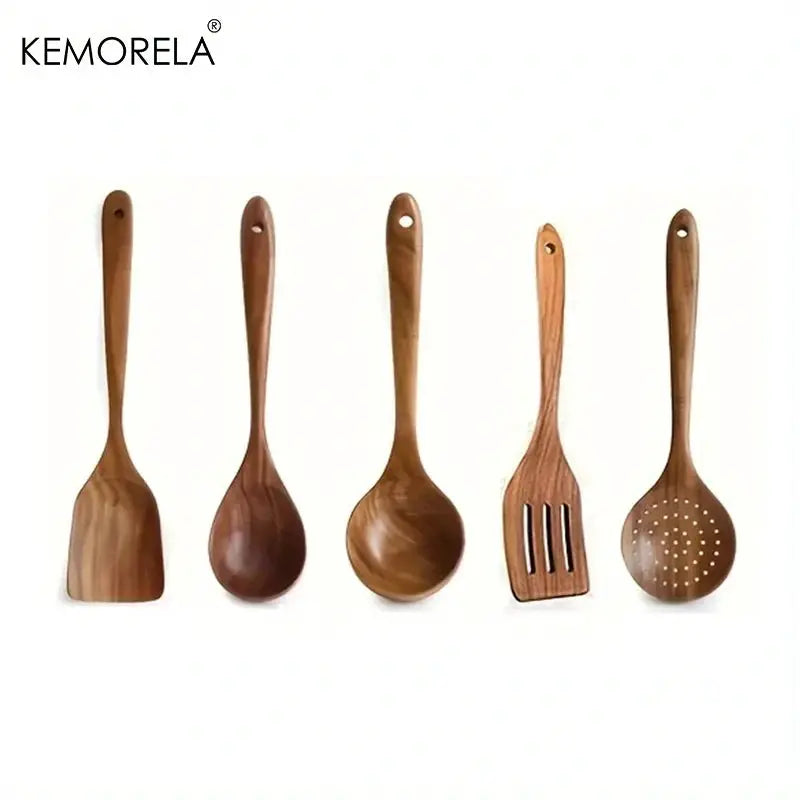 5Pcs Thailand Teak Kitchen Utensils Set Natural Wooden Tableware Ladle Turner Rice Colander Soup Skimmer Scoop