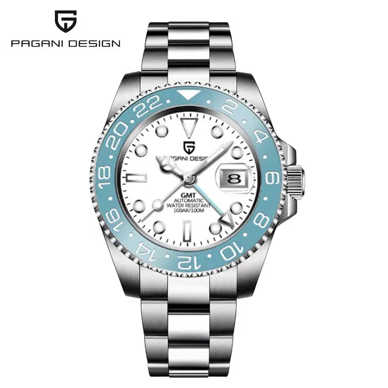 Pagani Design PD-1662 men's GMT automatic watch with stainless steel bracelet, white dial, turquoise ceramic bezel