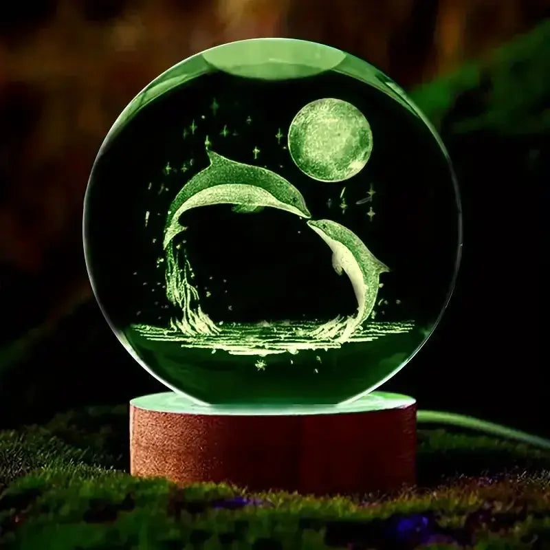 3D dolphin moon crystal ball lamp, green glass with laser-etched marine scene on wooden base