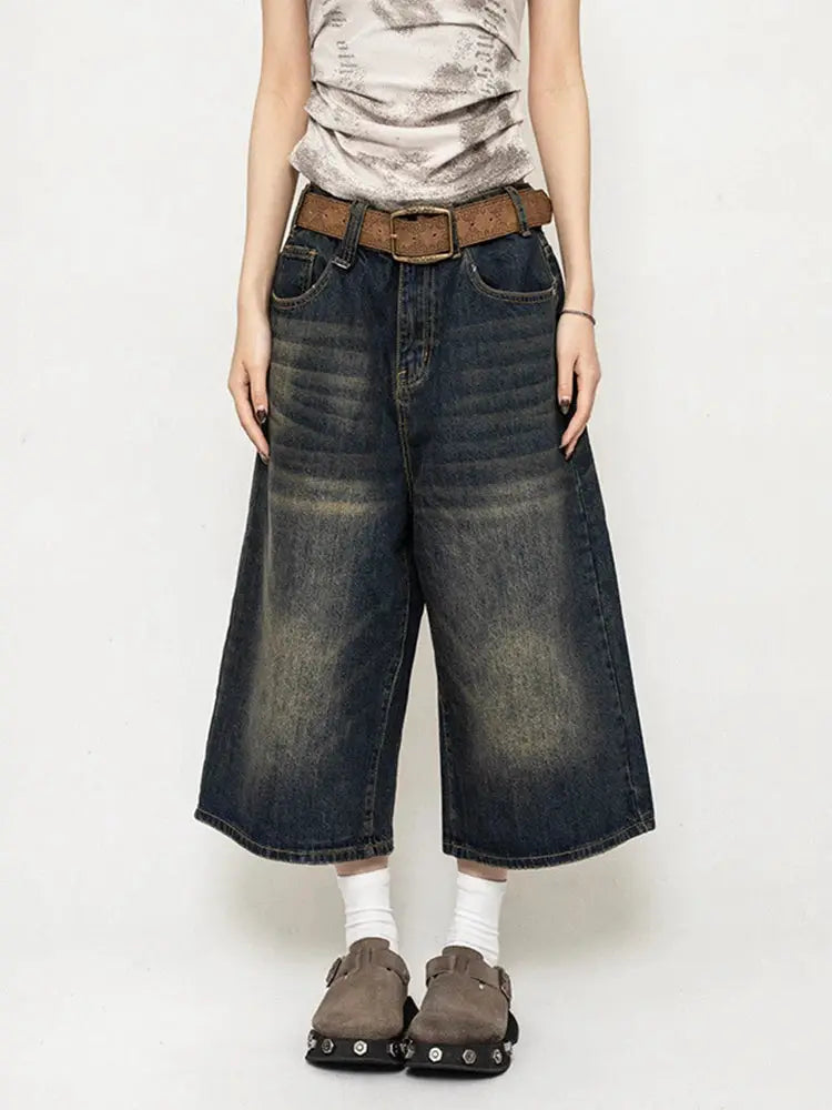 Harajuku High Waist Black Retro Washed Denim Shorts For Women Vintage Casual Loose Fit With Y2K Wide Leg Streetwear