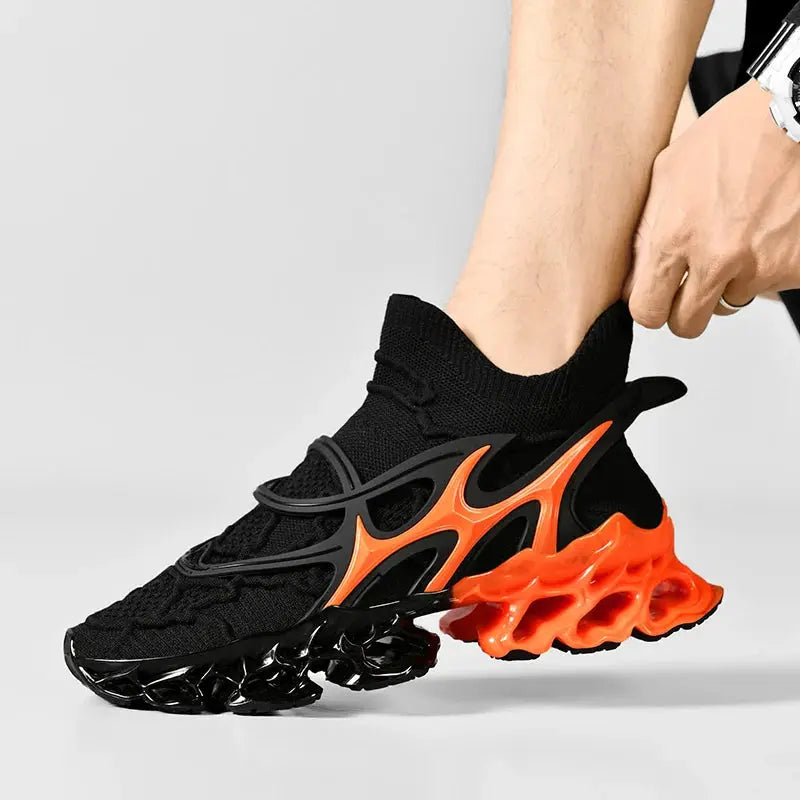Simples Market men's sneakers with black knit upper and orange sculpted sole