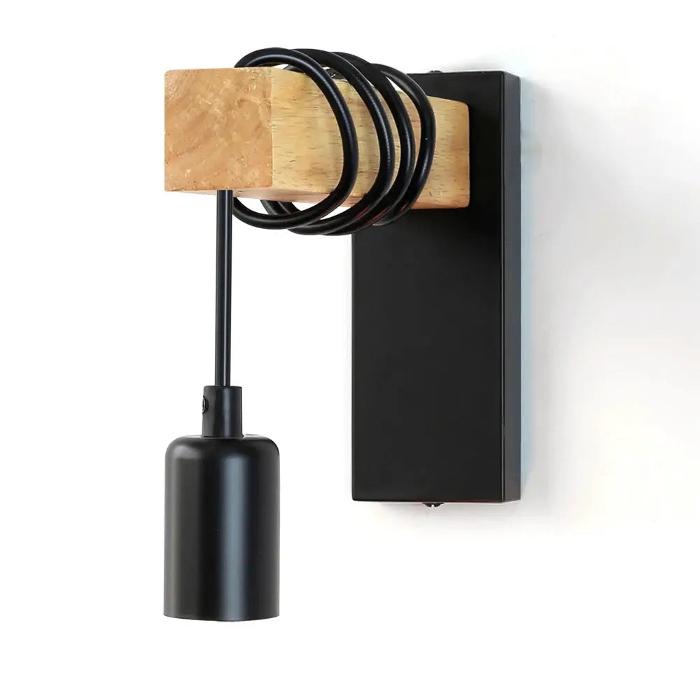 Wall lamp with switch function, black metal backplate, wooden beam accent, E27 retro indoor sconce.