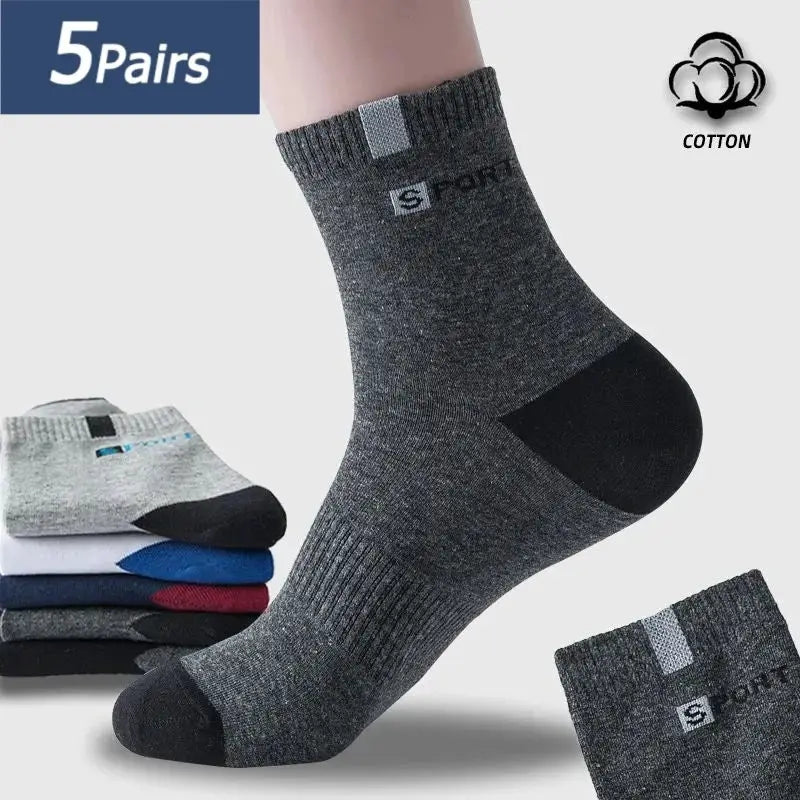 5 Pairs Mens Cotton Socks Breathable Sports Crew Socks With Letter Design Elastic High Comfort Summer