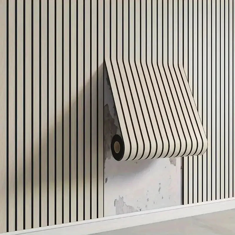 Self-adhesive wallpaper roll by Simples Market with black vertical stripes on a light background