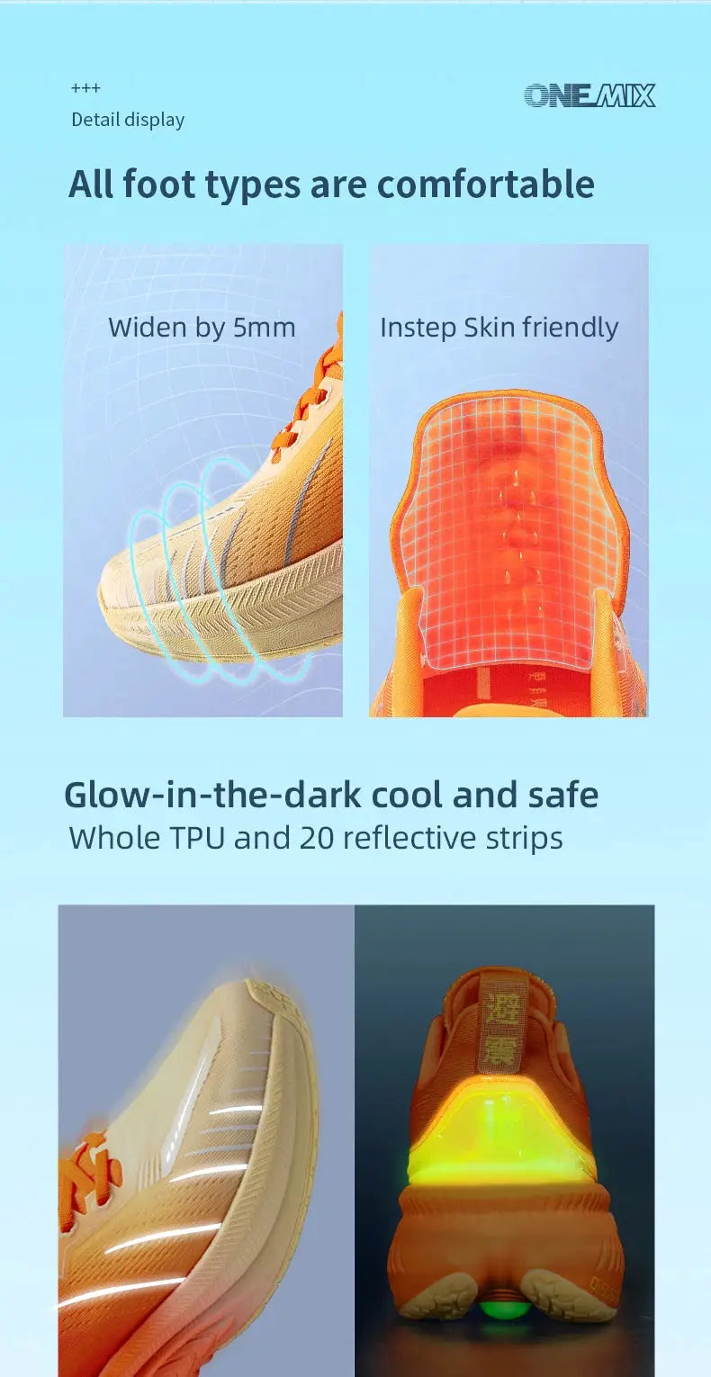 ONEMIX running shoes; orange design with 20 reflective strips and glow-in-the-dark sole