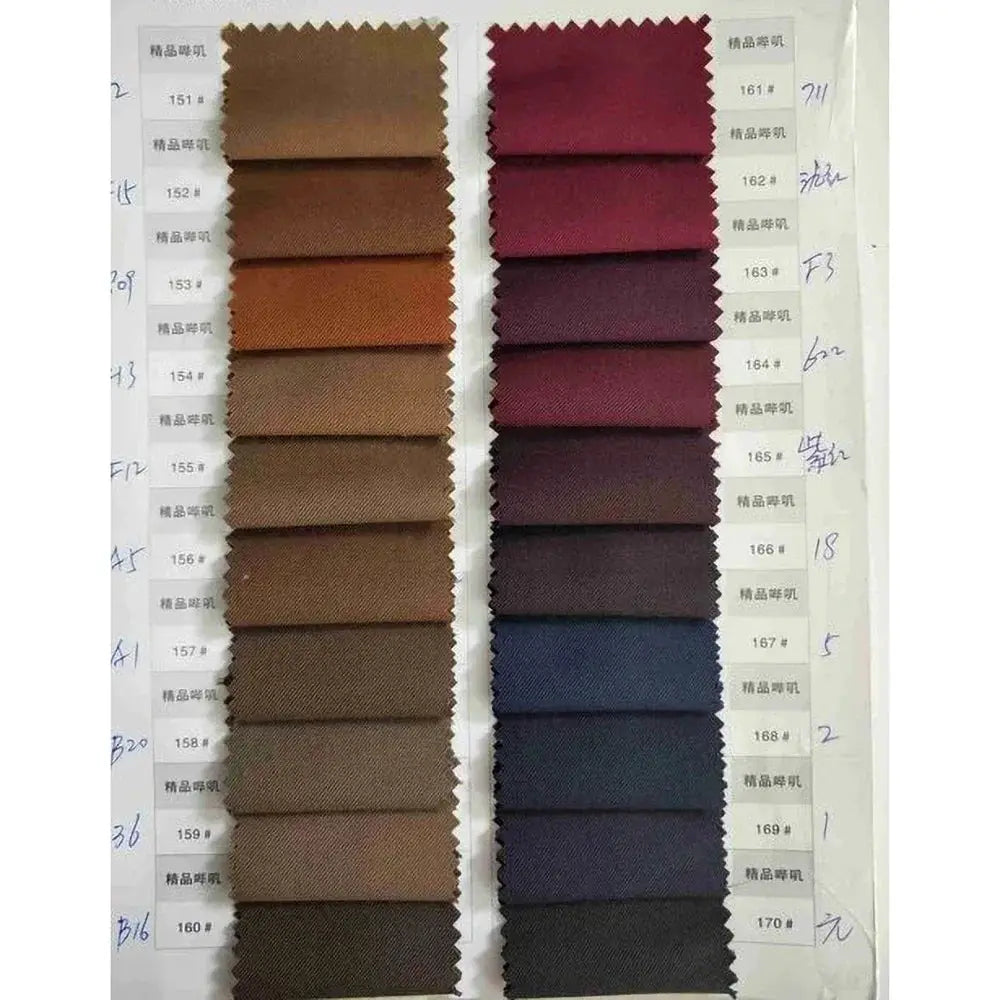 Fabric swatch book with brown and burgundy suiting fabrics in two columns; multiple swatches