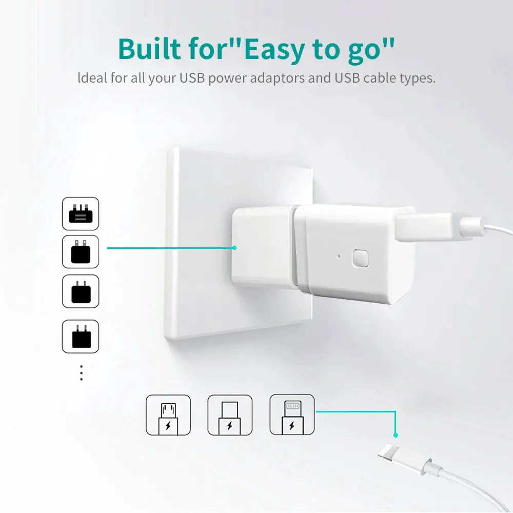 White WiFi micro USB adaptor wall charger with smart timing, compatible with Tuya, Alexa, Google Assistant, Smart Life.